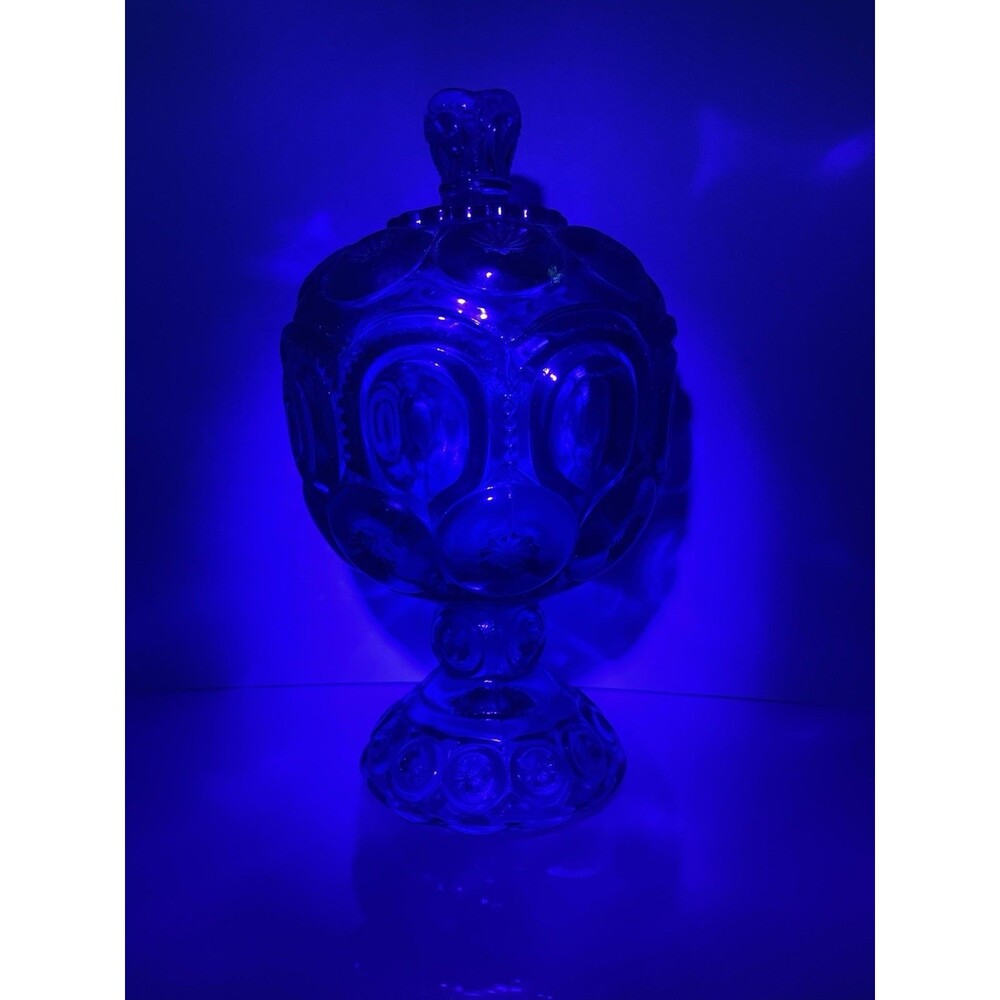 VTG LE Smith 8" Blue Glass Moon & Star Lidded Pedestal Compote Candy Dish GLOW - Picture 12 of 12